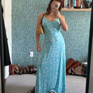 Michael Khors Light Blue Palm-Print Slip Maxi Dress